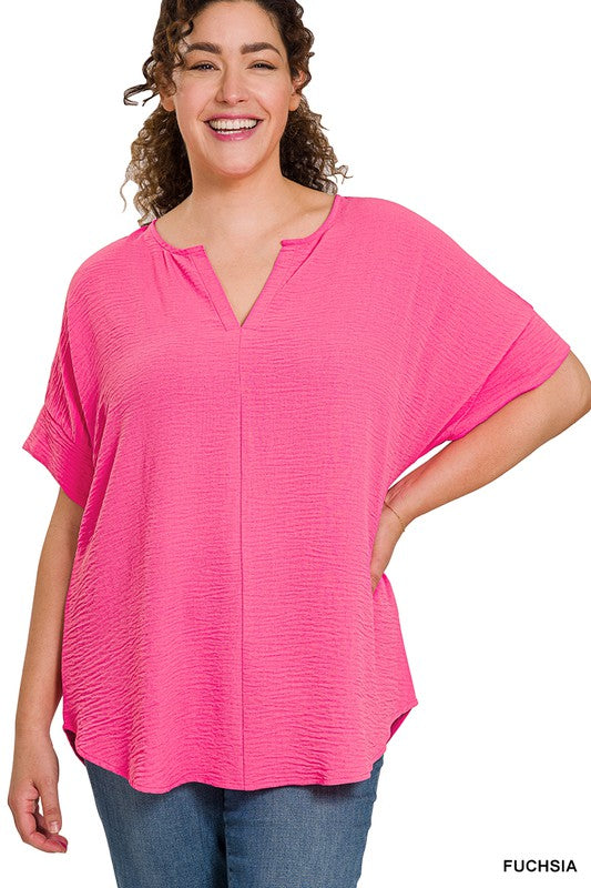 WOVEN AIRFLOW SPLIT NECK SHORT SLEEVE TOP, ZENANA, $ 25.00