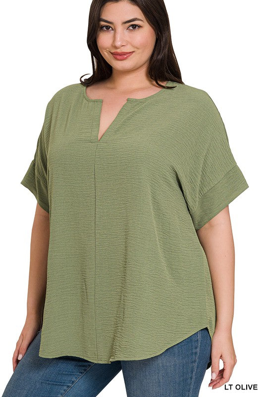 WOVEN AIRFLOW SPLIT NECK SHORT SLEEVE TOP, ZENANA, $ 30.95