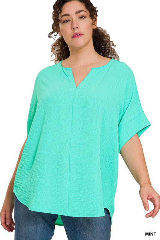 WOVEN AIRFLOW SPLIT NECK SHORT SLEEVE TOP, ZENANA, $ 25.00