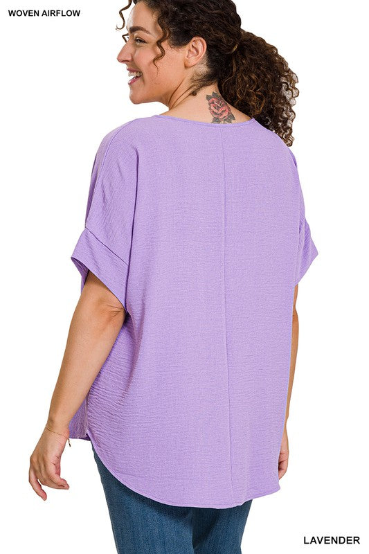 WOVEN AIRFLOW SPLIT NECK SHORT SLEEVE TOP, ZENANA, $ 25.00