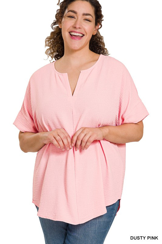 WOVEN AIRFLOW SPLIT NECK SHORT SLEEVE TOP, ZENANA, $ 25.00