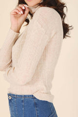 Beige Wool Blended Mock Neck Sheer Sweater