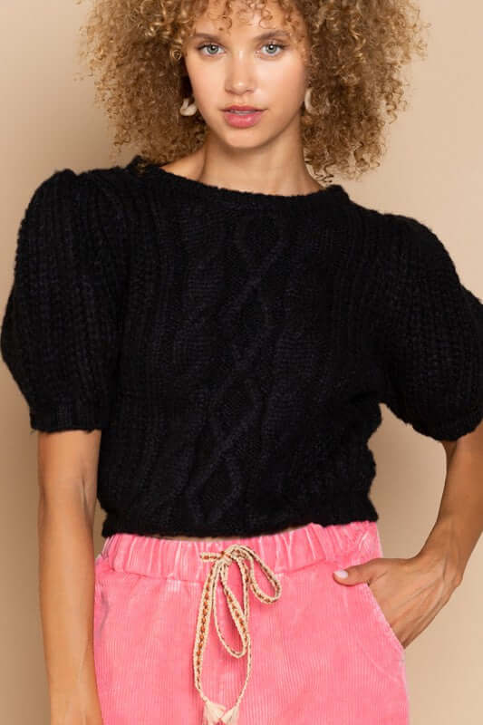 Black Puff Sleeve Cable Short Sleeve Pullover Sweater