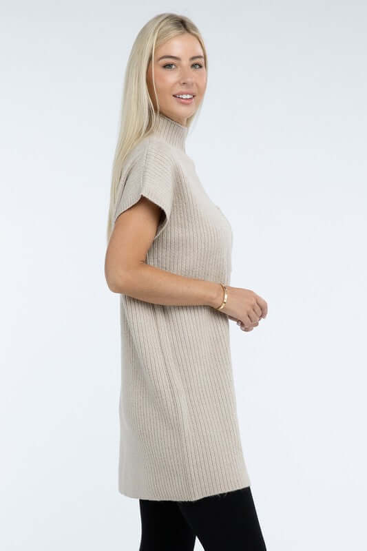 Women's Mock Neck Short Sleeve Mini Sweater Dress with Pocket, ZENANA, $ 55.00