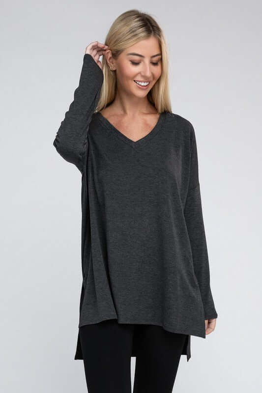 Dolman Long Sleeve V-Neck Side Slit Hi-Low Hem Top, ZENANA, $ 19.00