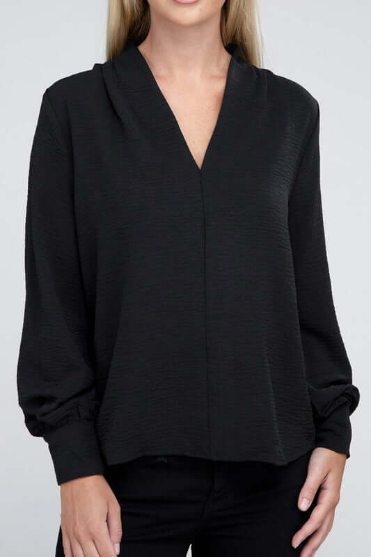 Woven Airflow V-Neck Long Sleeve Top, ZENANA, $ 26.95