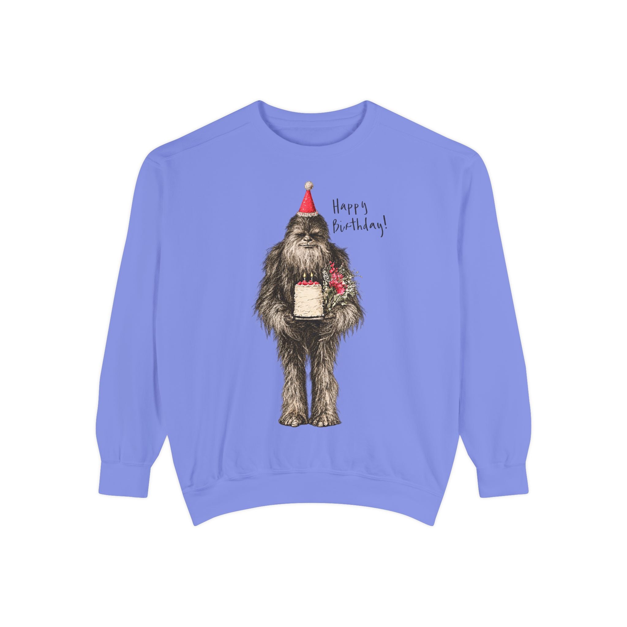 Birthday Bigfoot Sweatshirt — Funny Sasquatch with Cake