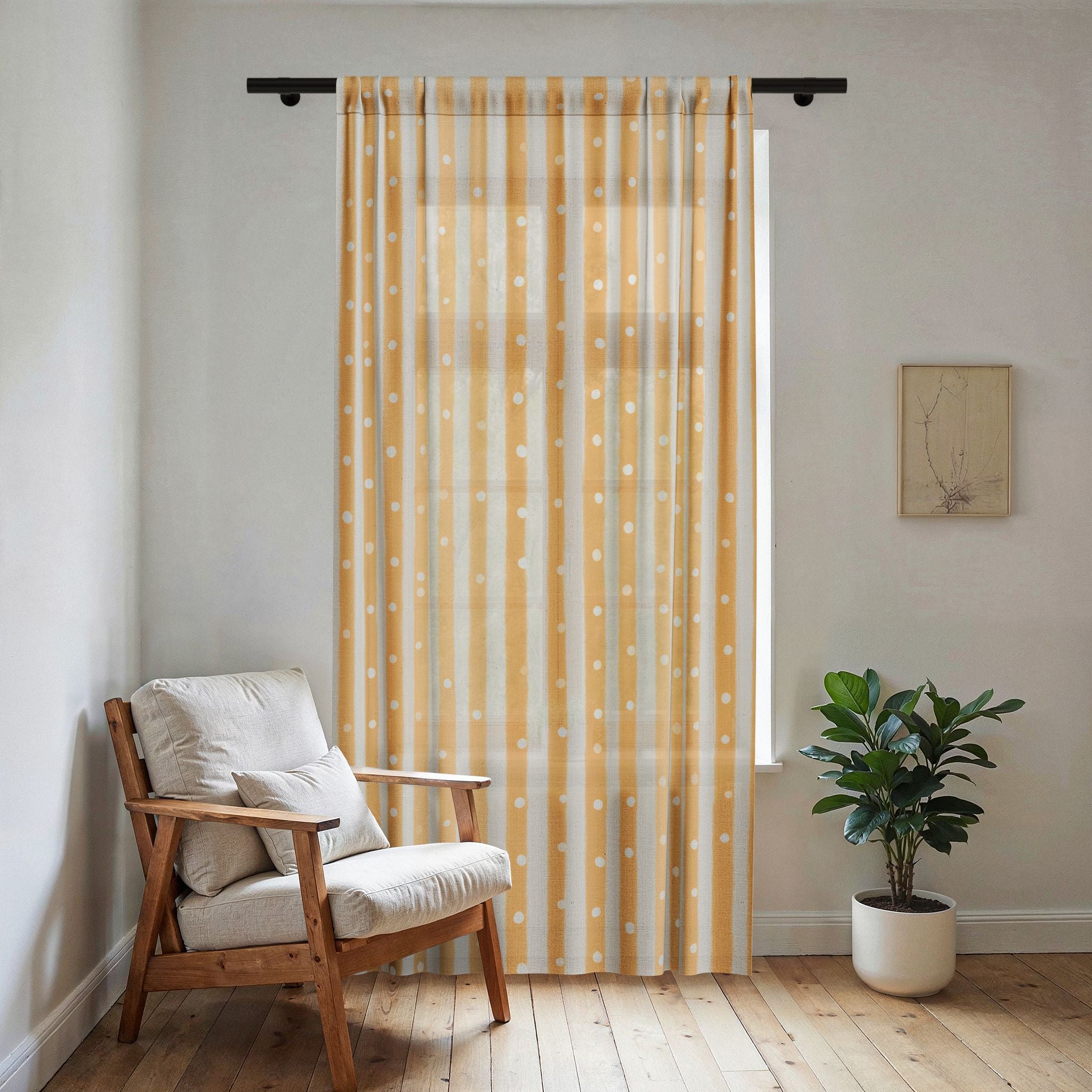 Mustard Stripe Sheer Curtain Panel — White Polka Dot Lightweight Window Curtain