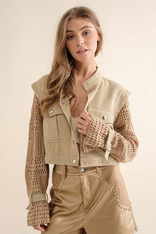 Chic Twill Crop Crochet Sleeve Jacket, Jackets, $ 78.95, A Moment Of Now™