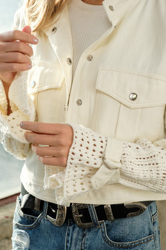 Chic Twill Crop Crochet Sleeve Jacket