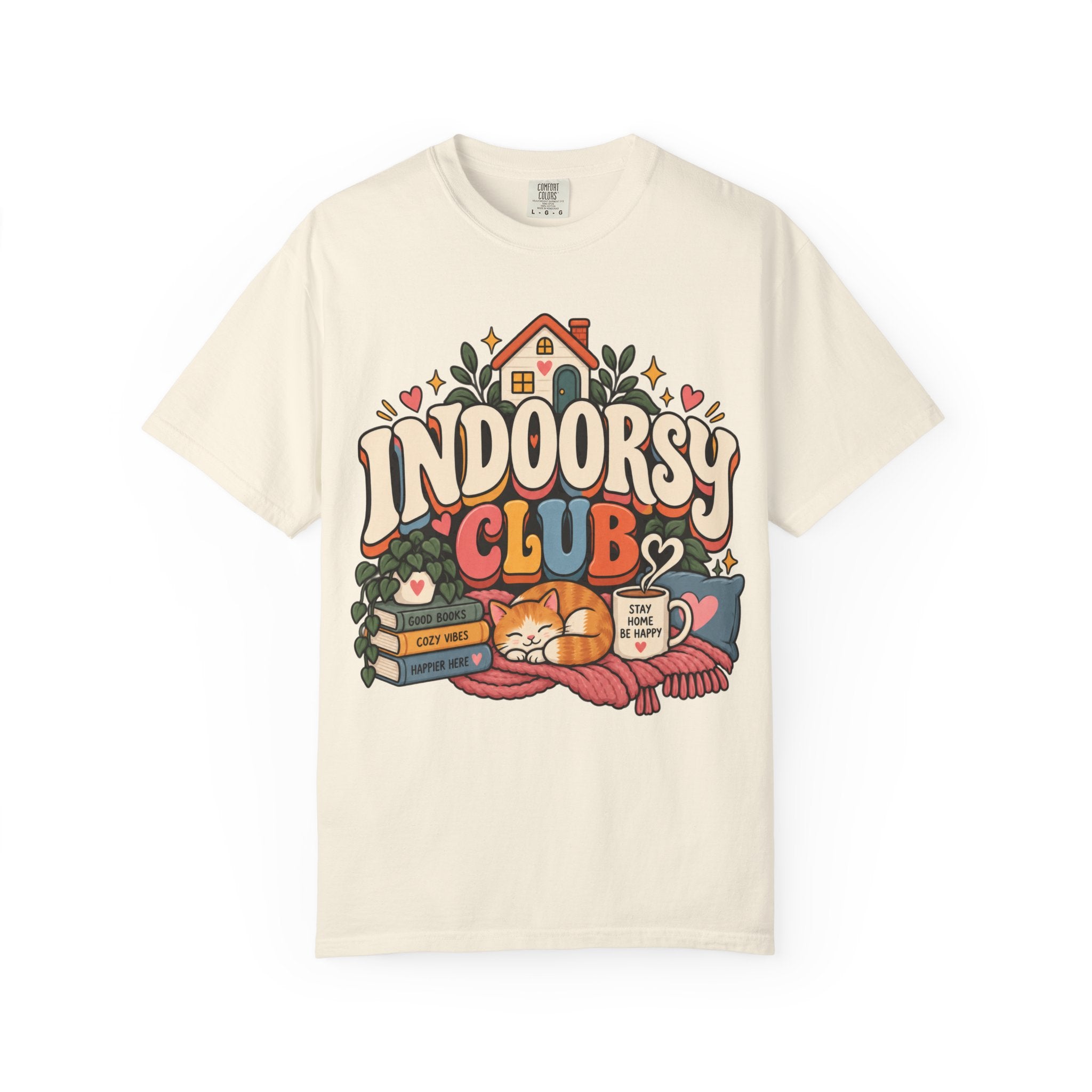 Indoorsy Club T-Shirt — Cozy Homebody Graphic Tee (Cat, Books, Tea) - t-shirt product image 2