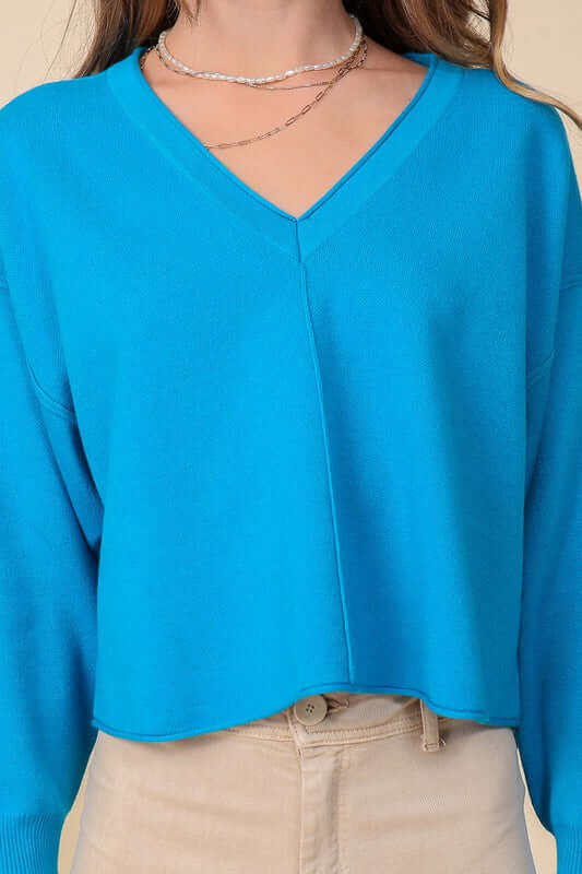 Solid Drop Shoulder V-Neck Top