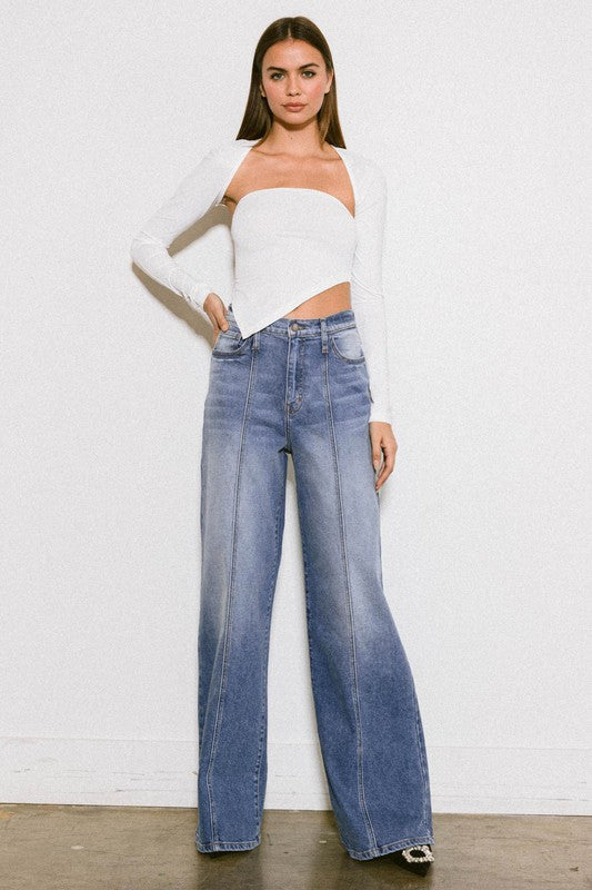 Light Stone Wash High Rise Center Line Wide Leg Jeans