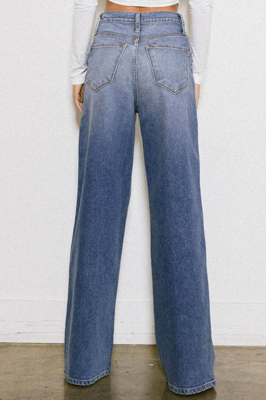 Light Stone Wash High Rise Center Line Wide Leg Jeans