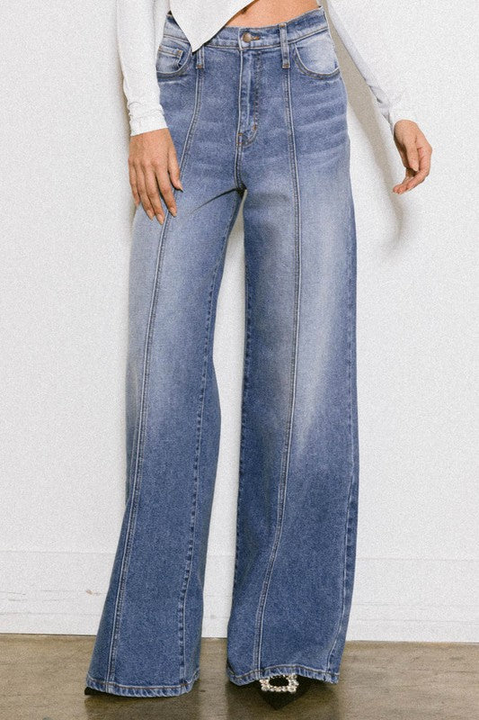 Light Stone Wash High Rise Center Line Wide Leg Jeans