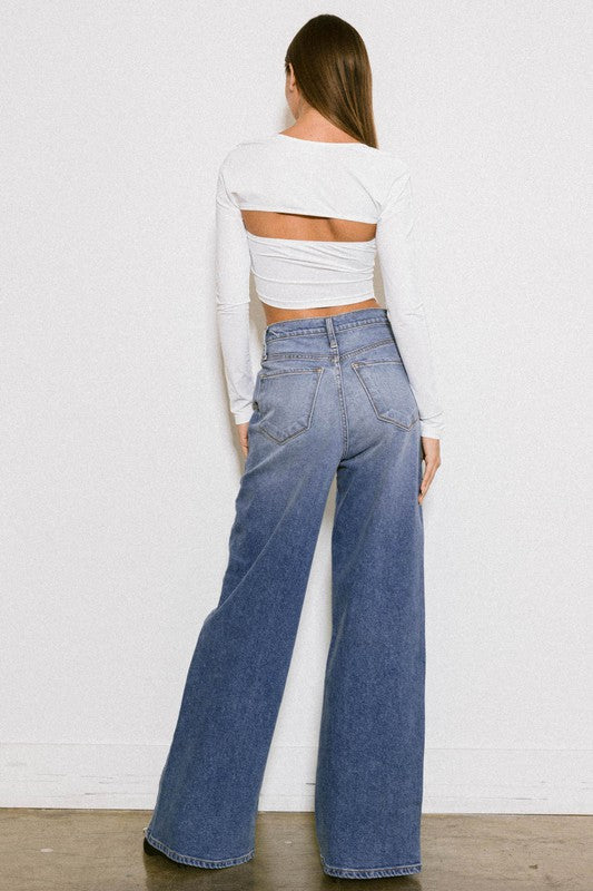 Light Stone Wash High Rise Center Line Wide Leg Jeans