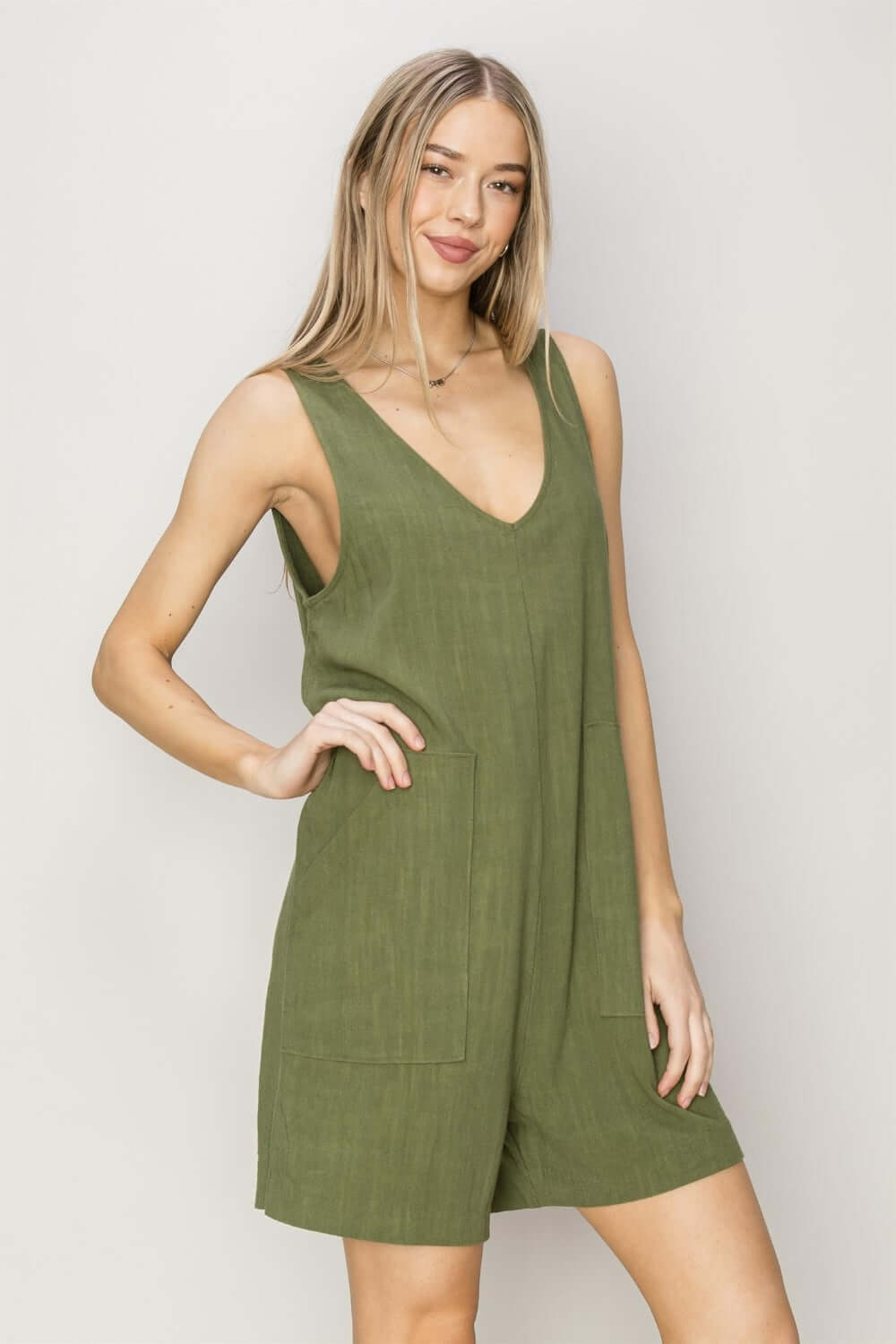 Moss Green V-Neck Sleeveless Romper with Pockets, Rompers, $ 35.00, A Moment Of Now™