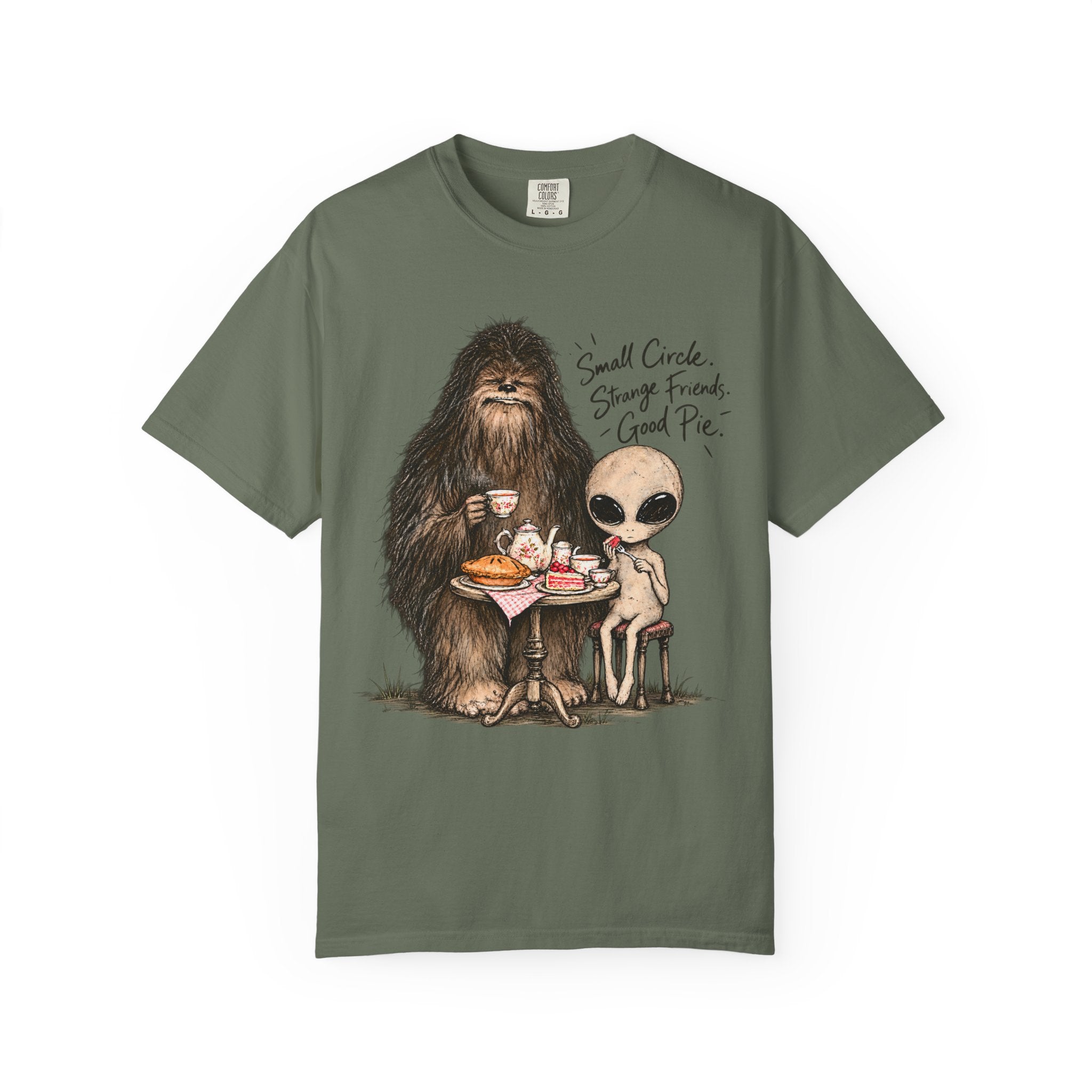 Bigfoot & Alien Tea Party T-Shirt | Small Circle, Strange Friends, Good Pie