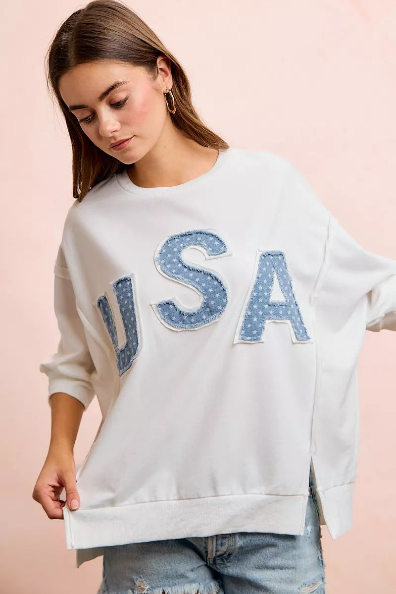 BiBi 4th Of July Usa Letter Patchwork French Terry Top, Tops, $ 60.00, A Moment Of Now™