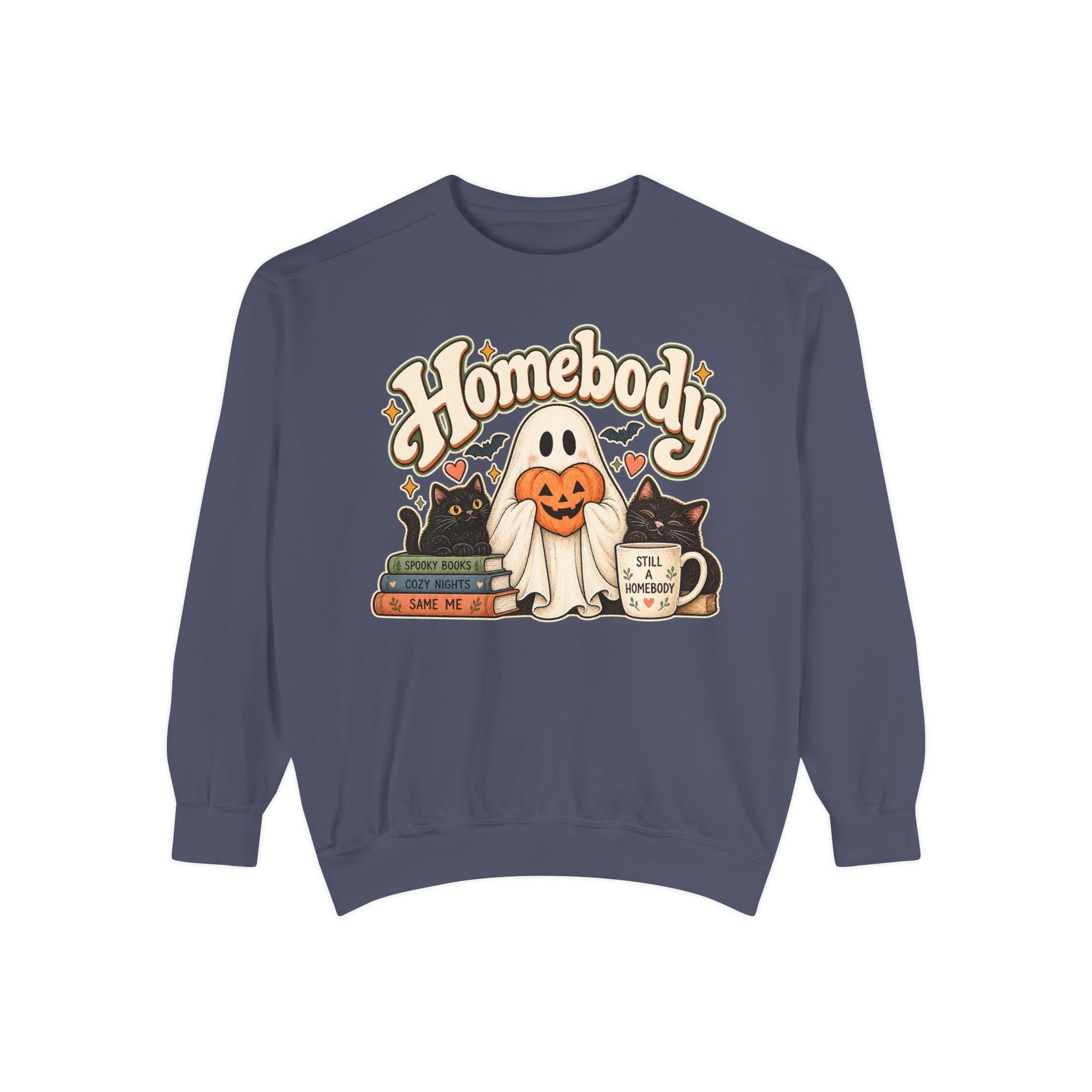 Homebody Sweatshirt — Cozy Halloween Ghost, Books & Pumpkin Mug Graphic - sweatshirt product image 14