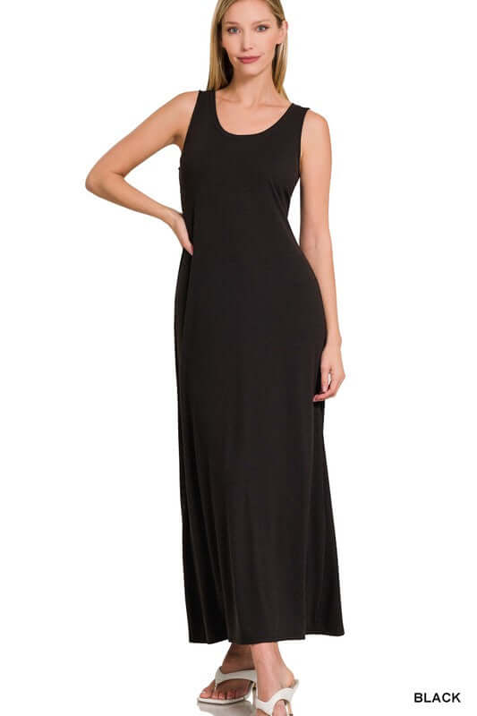 Solid Sleeveless Flared Scoop Neck Maxi Dress, ZENANA, $ 29.00