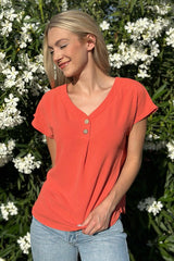 Shop Women's V-Neck Button Blouse in Coral | Women's Clothing Boutique, Tops, USA Boutique