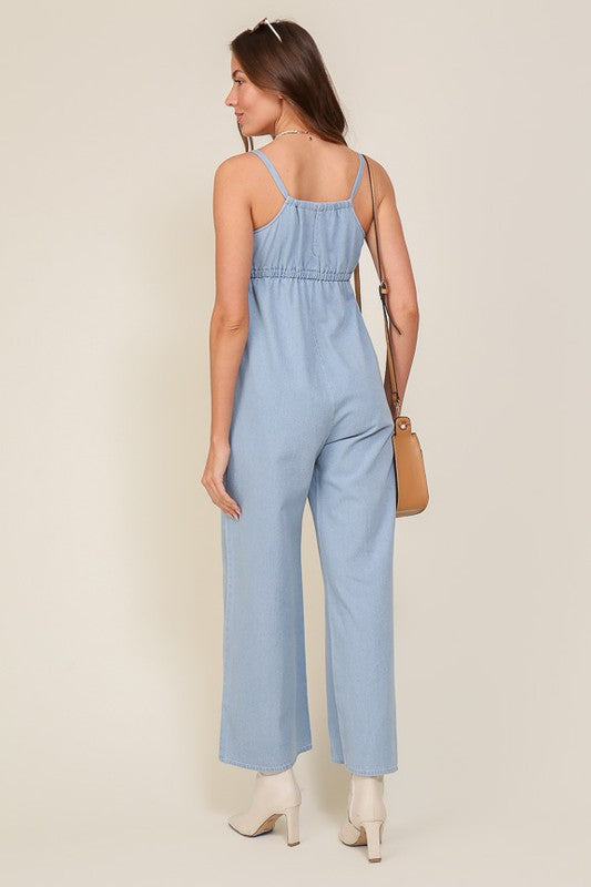 Shop Denim Blue Sleeveless Jumpsuit with Waist Tie, Jumpsuits & Rompers, USA Boutique