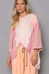 Peach Blush Oversize High-Low Contrast V-Neck 3/4 Sleeve Top