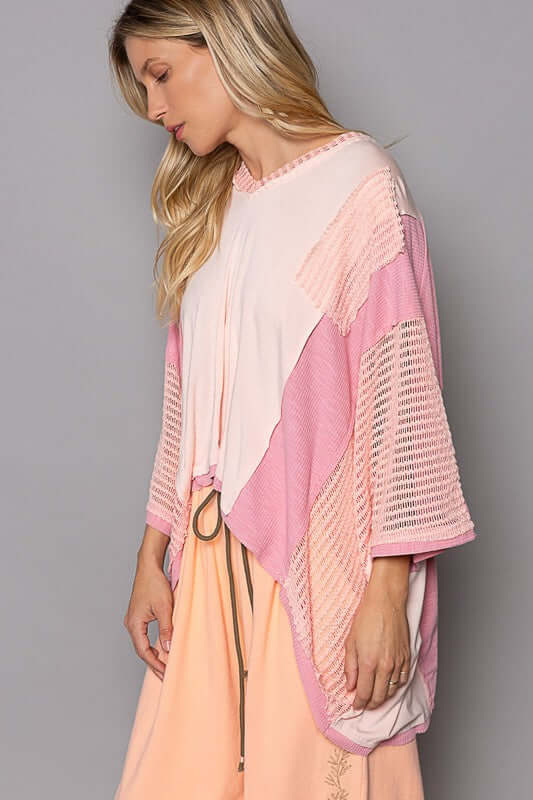 Peach Blush Oversize High-Low Contrast V-Neck 3/4 Sleeve Top