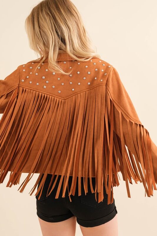 Studded Fringe Open Western Jacket, Blue B, $ 76.95