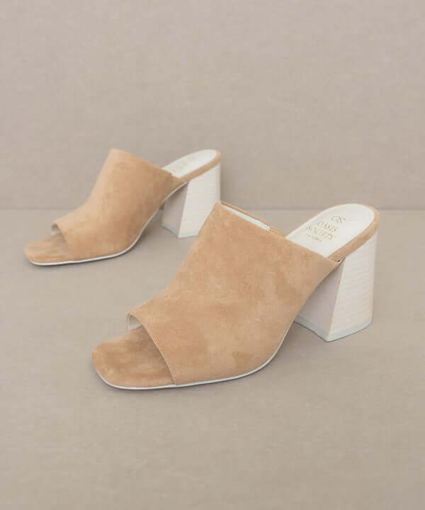 Oasis Society Kathleen - Nude Beige Block Heel Slides Sandals, Oasis Society, $ 58.95