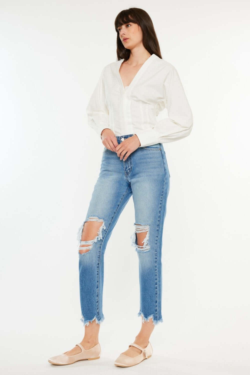 Medium Blue Distressed Frayed Hem Cropped Jeans, Kancan, $ 65.00