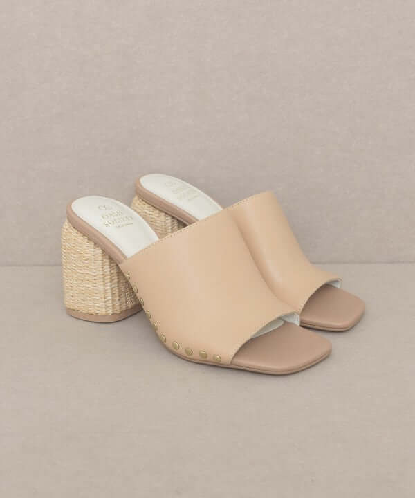 Oasis Society Serena - Nude Studded Raffia Slide Heels Sandals, Oasis Society, A Moment Of Now