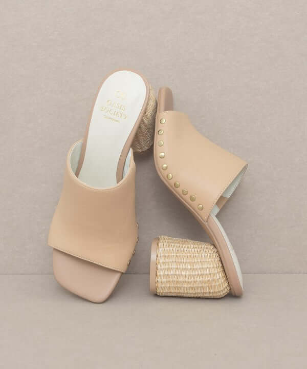 Oasis Society Serena - Nude Studded Raffia Slide Heels Sandals, Oasis Society, A Moment Of Now