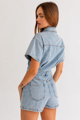Shop Women's Denim Short Sleeve Denim Romper | USA Boutique Clothing Online, Rompers, USA Boutique