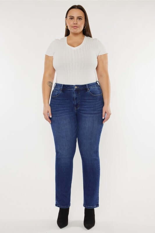 Plus Size Dark Blue Open Pack Slim Straight Jeans, Kan Can USA, $ 63.95