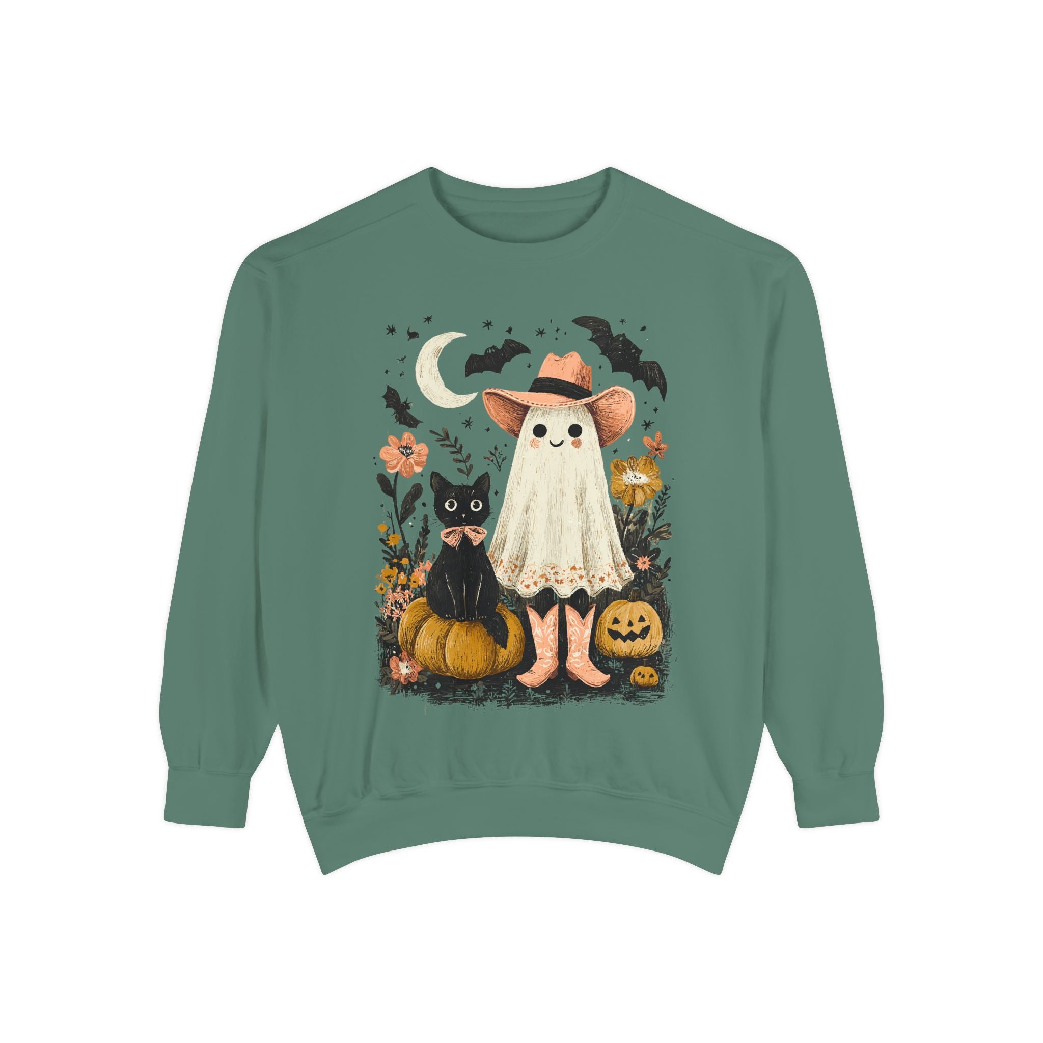 Halloween Ghost Costume Sweatshirt — Cute Ghost, Black Cat & Pumpkins Fall Pullover - sweatshirt product image 7