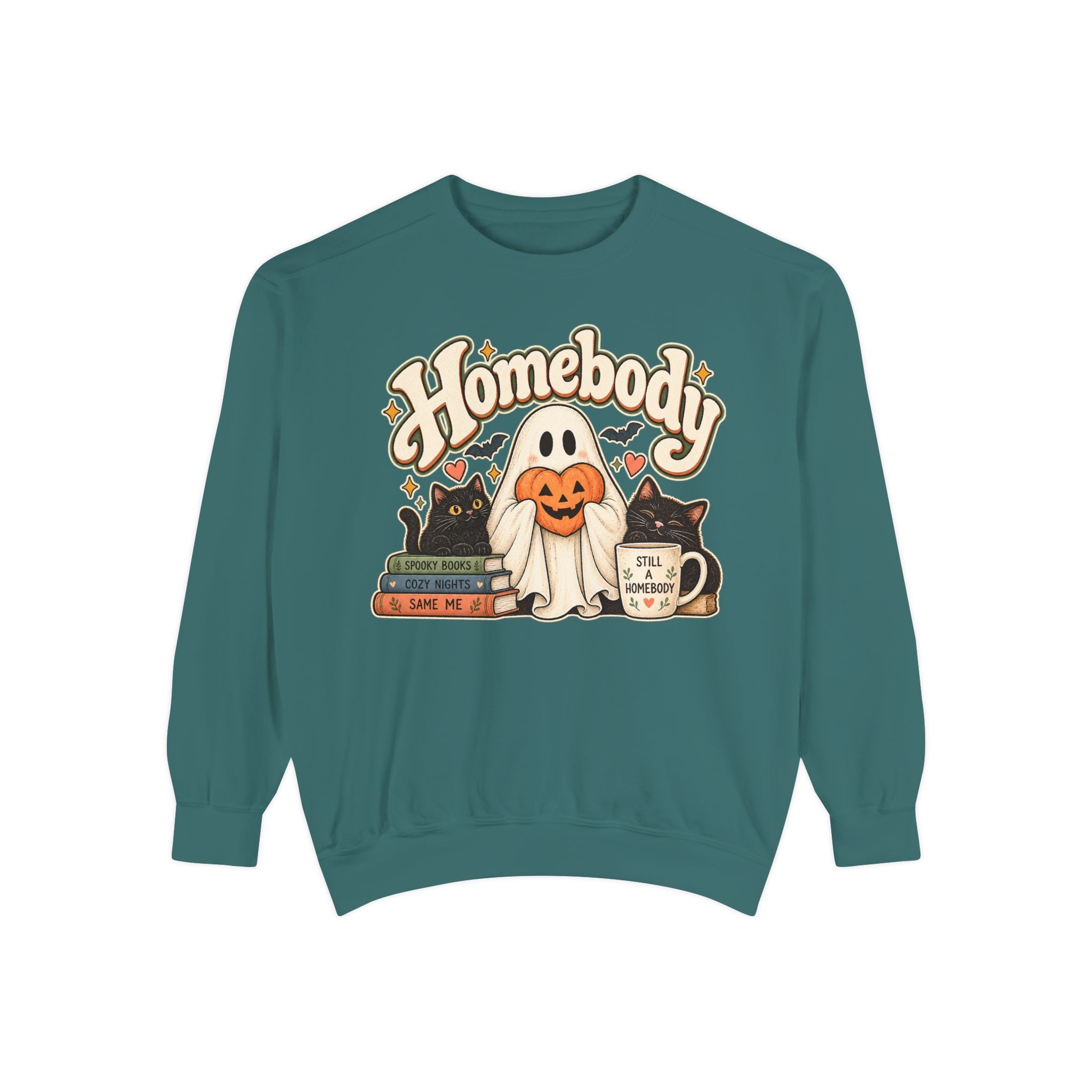 Homebody Sweatshirt — Cozy Halloween Ghost, Books & Pumpkin Mug Graphic - sweatshirt product image 8