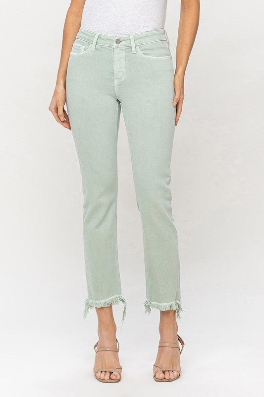 Mint Green Mid Rise Crop Frayed Hem Straight Jeans