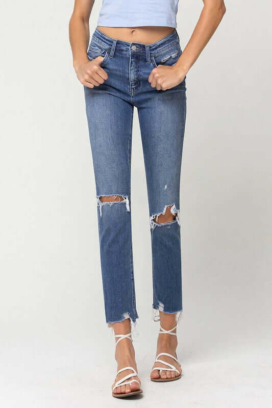 High Rise Distressed Hem Ankle Slim Straight Jeans, Flying Monkey, $ 84.95