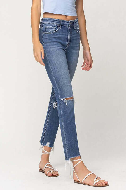 High Rise Distressed Hem Ankle Slim Straight Jeans, Flying Monkey, $ 84.95