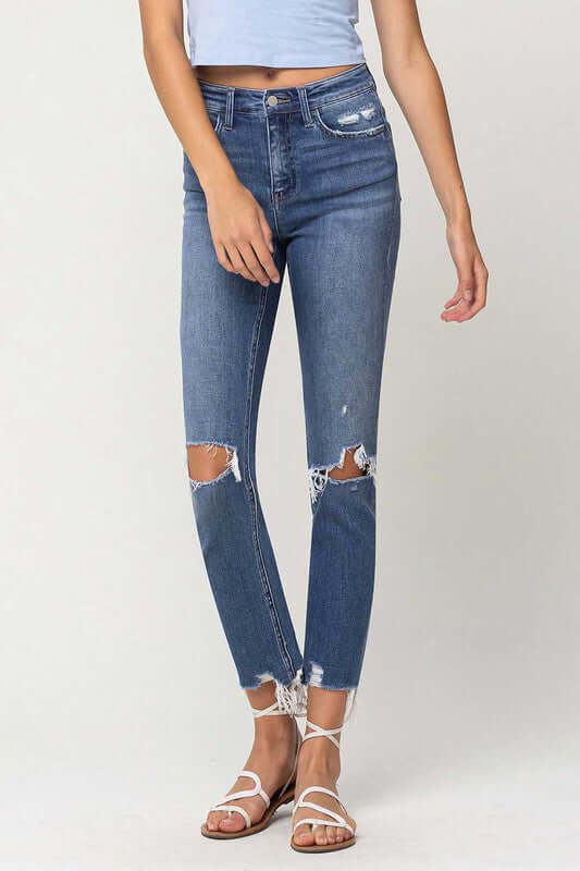 High Rise Distressed Hem Ankle Slim Straight Jeans, Flying Monkey, $ 84.95