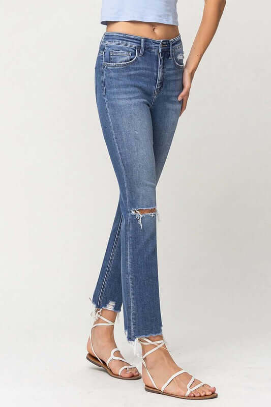 High Rise Distressed Hem Ankle Slim Straight Jeans, Flying Monkey, $ 84.95