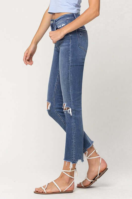 High Rise Distressed Hem Ankle Slim Straight Jeans, Flying Monkey, $ 84.95