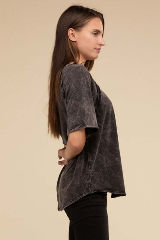 Back Patch Crinkle Washed Raglan Sleeve T-Shirt, ZENANA, A Moment Of Now