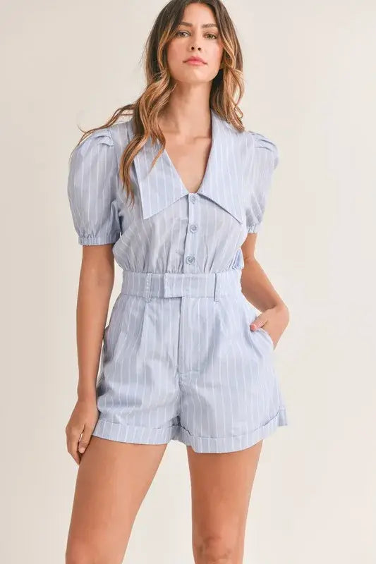 Light Blue Striped Puff Sleeve Collared Neck Romper - Chic Style, Rompers, $ 65.00, A Moment Of Now™
