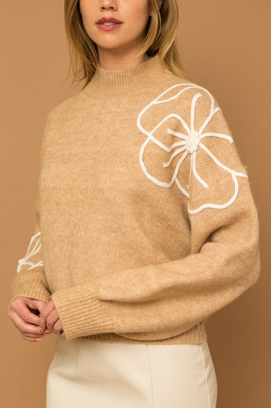 Timeless Flower Embroidery Mock Neck Sweater