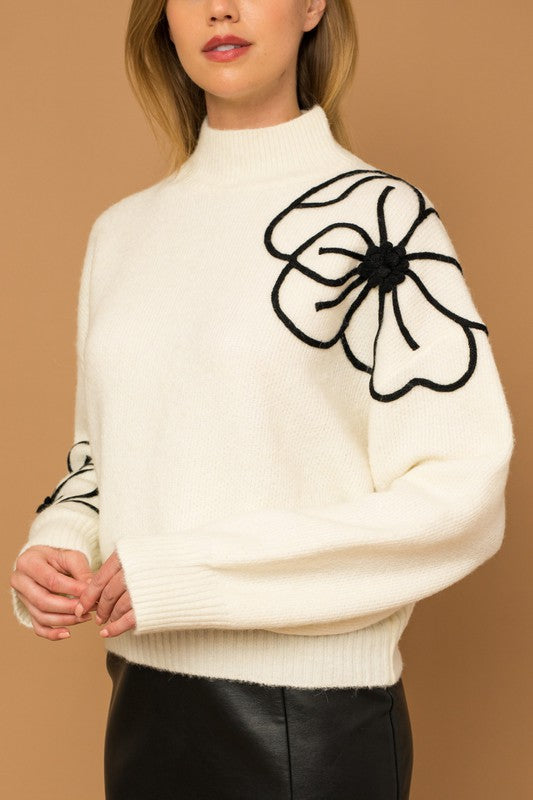 Timeless Flower Embroidery Mock Neck Sweater