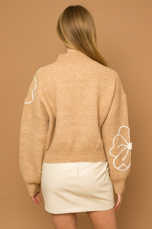 Timeless Flower Embroidery Mock Neck Sweater