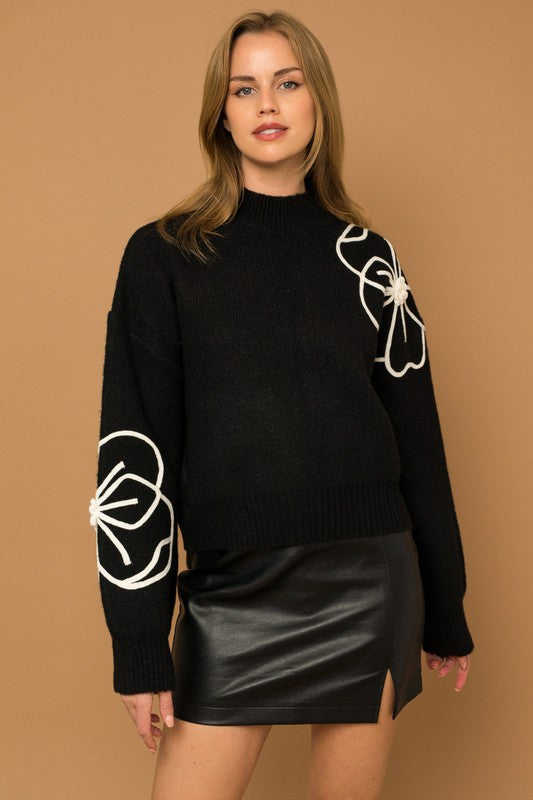 Timeless Flower Embroidery Mock Neck Sweater